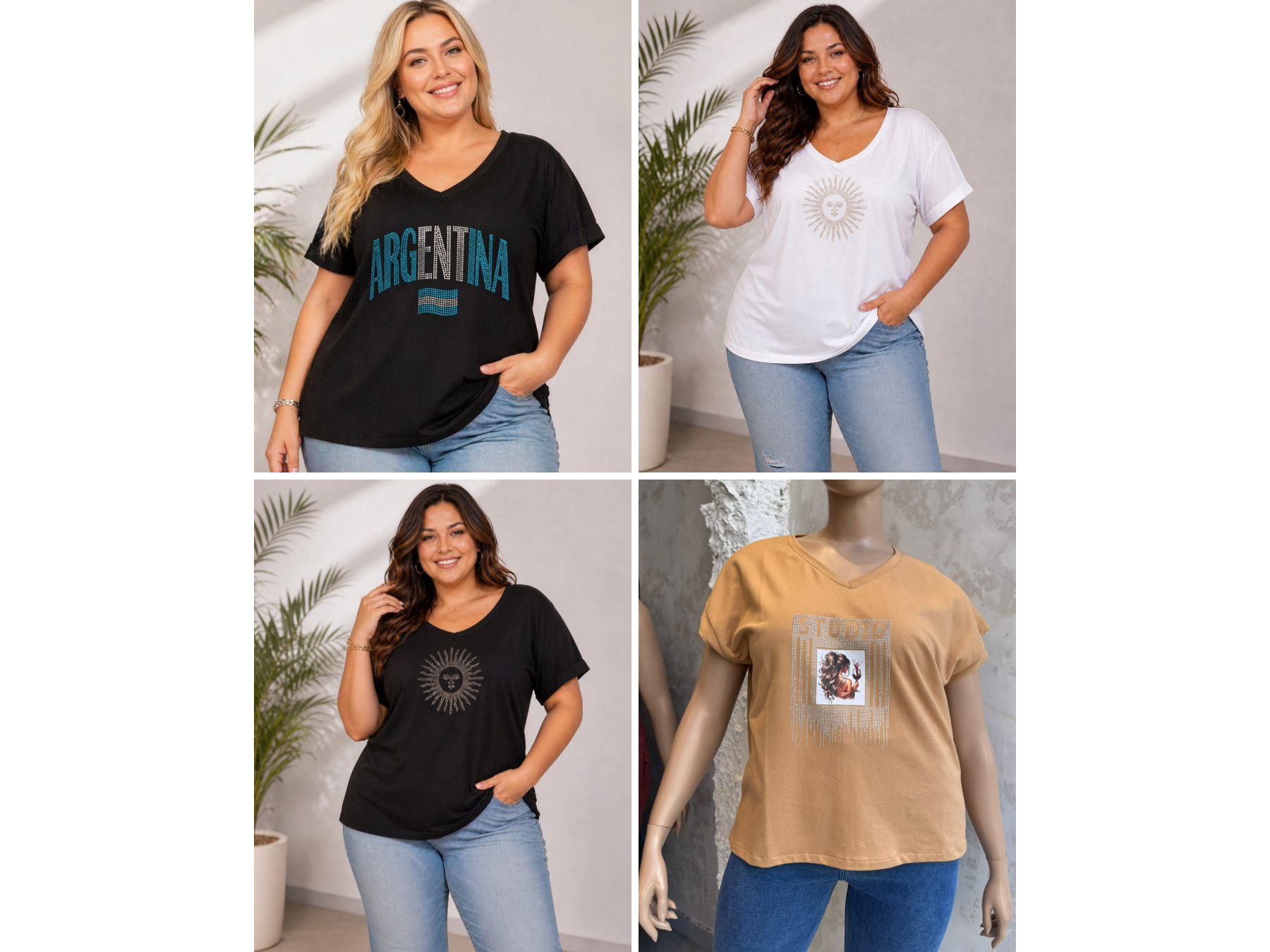 Remera básica tela jersey escote en V manga corta con strass ART. 600 B