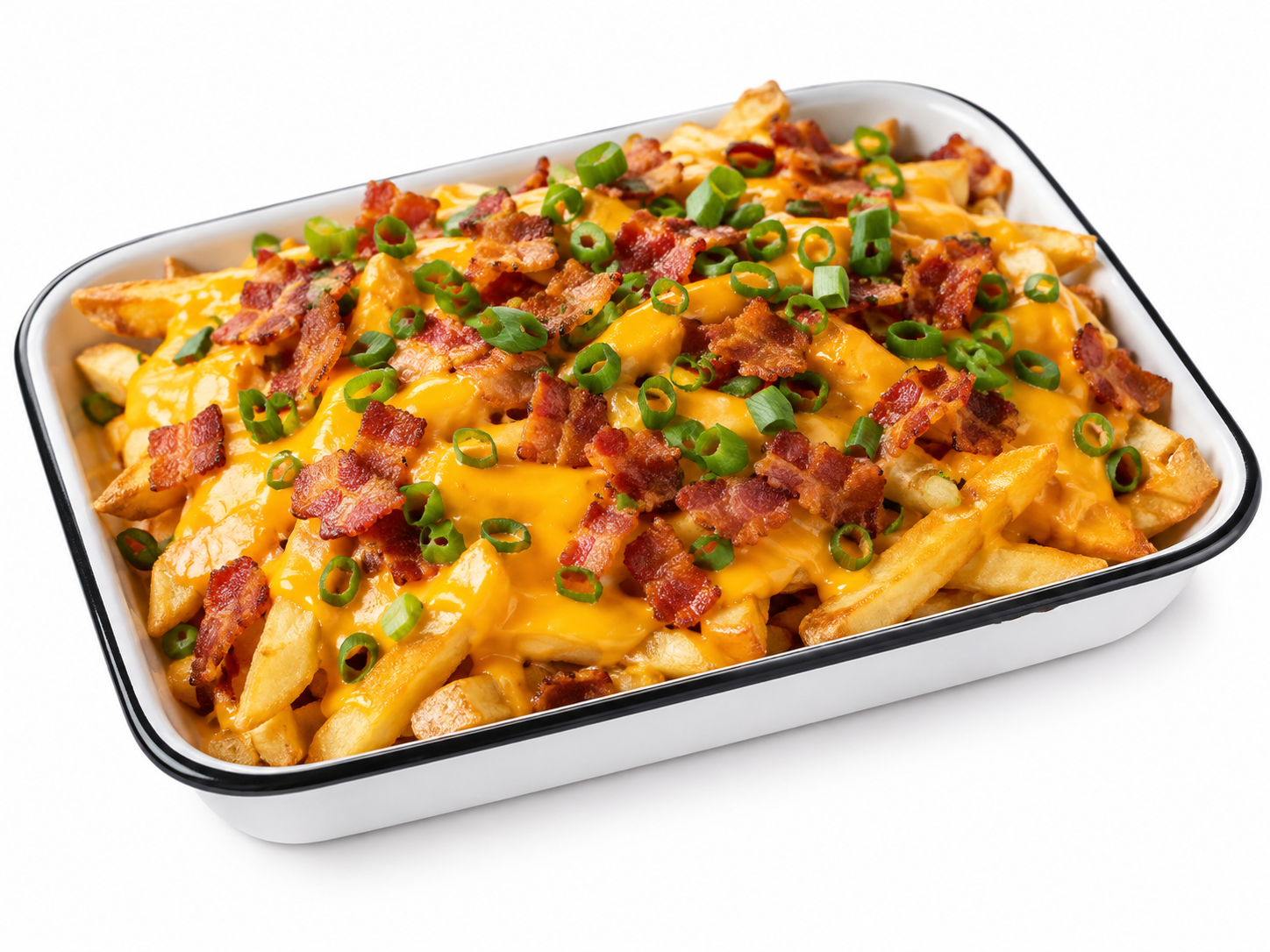 Papas fritas con cheddar , panceta y verdeo