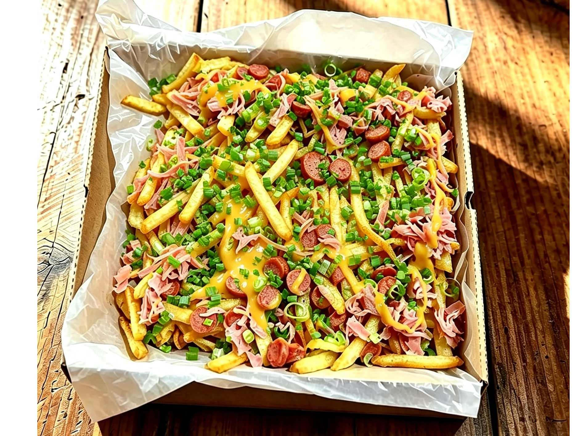 Papas Fritas (Cheddar, jamón, Salchichas y Verdeo)