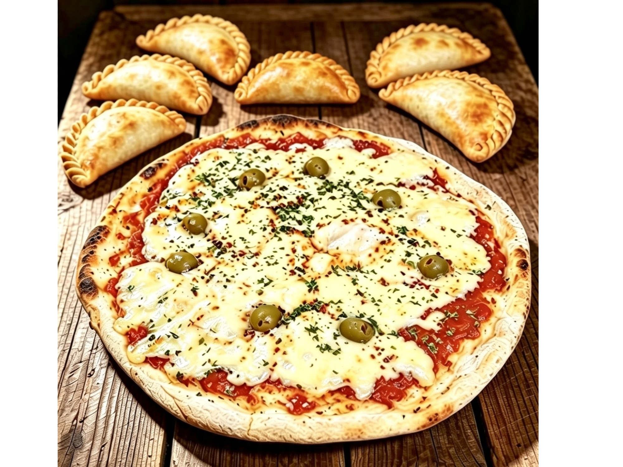 1 Muzzarella + 6 Empanadas de Carne o Jamon y queso