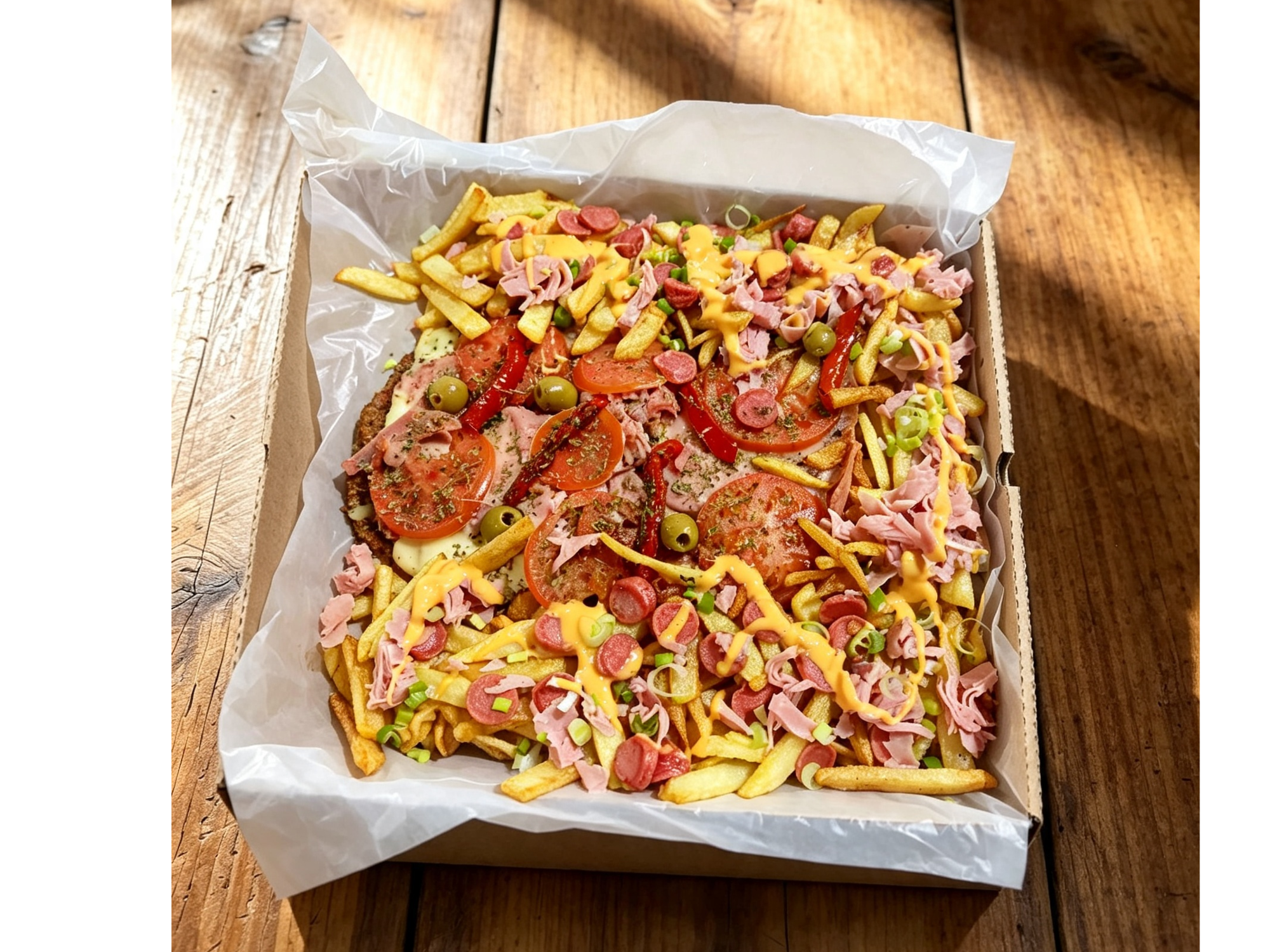 Milanesa Napolitana con Papas Fritas (Cheddar, jamon, Salchichas y Verdeo)