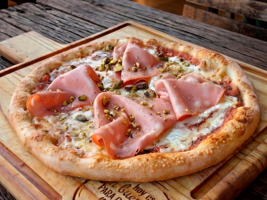 Pizza 6 porciones "MORTADELA Y PISTACHO"