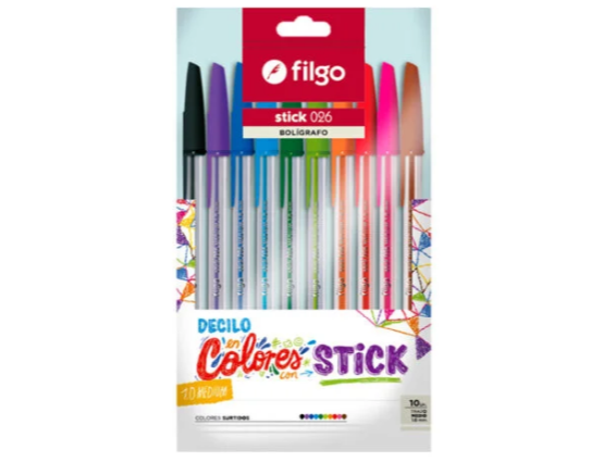 Bolígrafos Stick 026 colores surtidos x10 Filgo