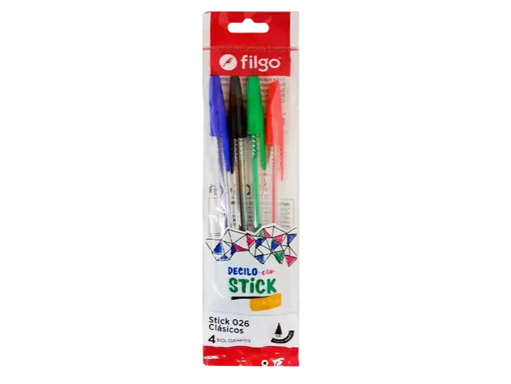 BOLIGRAFO STICK COLORES CLASICOS PACK X4 FILGO