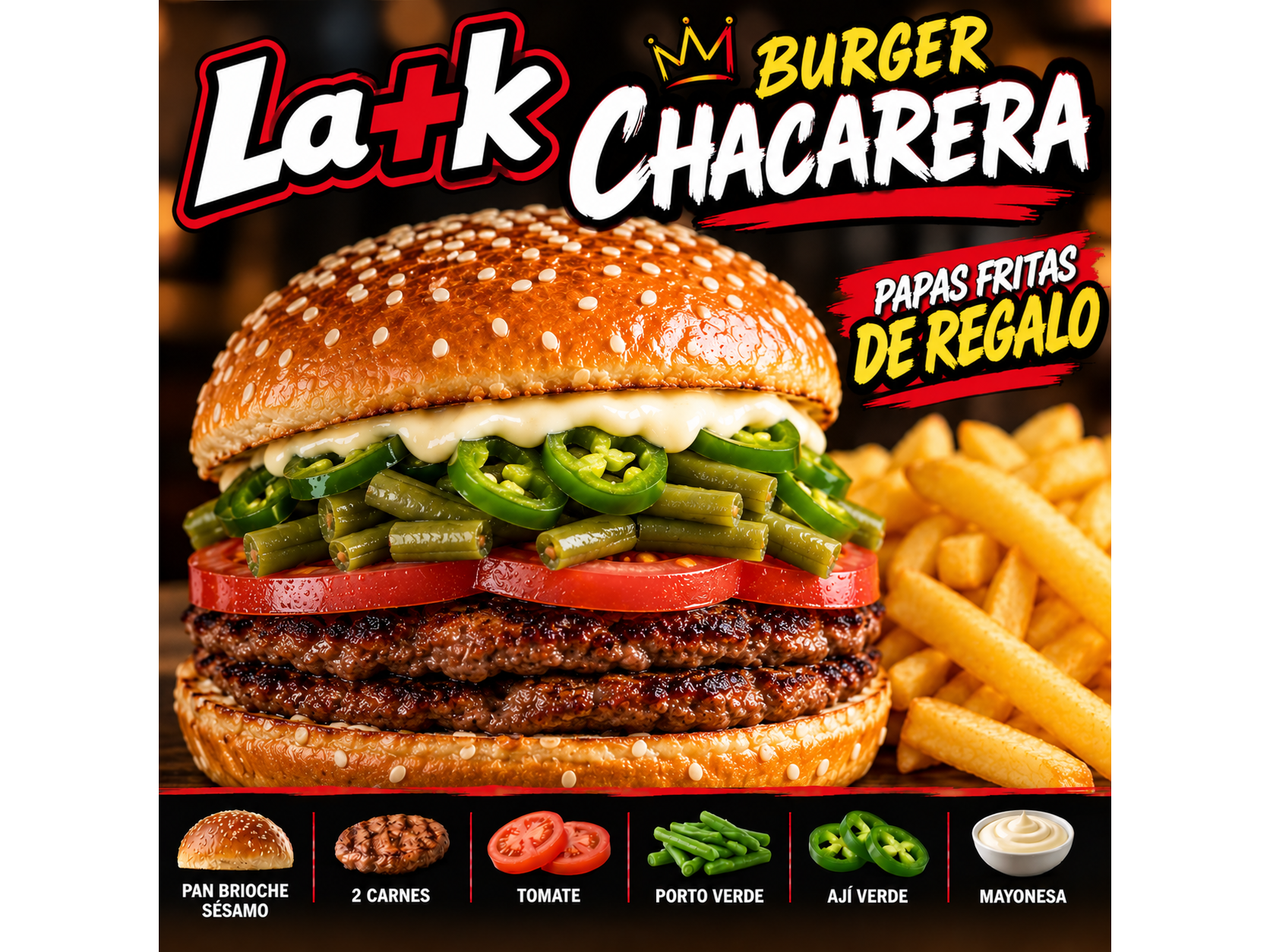 Hamburguesa Chacarera(Doble hamburguesa) + papas gratis.