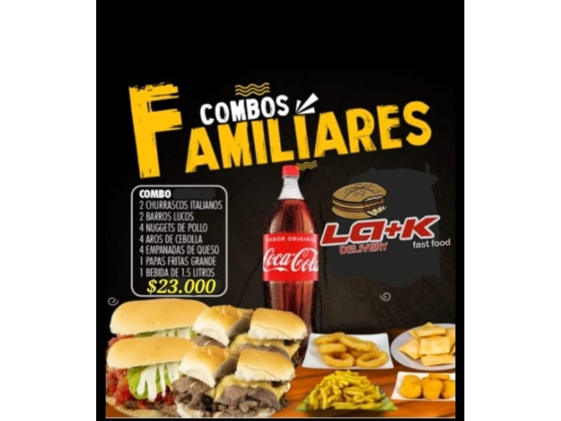 (PROMO FAMILIAR 2)   2 Churrascos italianos + 2Barros luco + 4Nuggets+ 4ArosCebolla + 4 Emp Queso coctail + Papasfritas Grande + 1Bebida 1.5