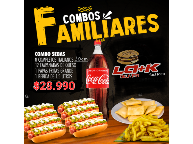 Promo familiar 3 (8completos italianos 30cm aprox(2 salchichas)+12Emp coctail queso+Papas fritas gde+Bebida 1.5lt