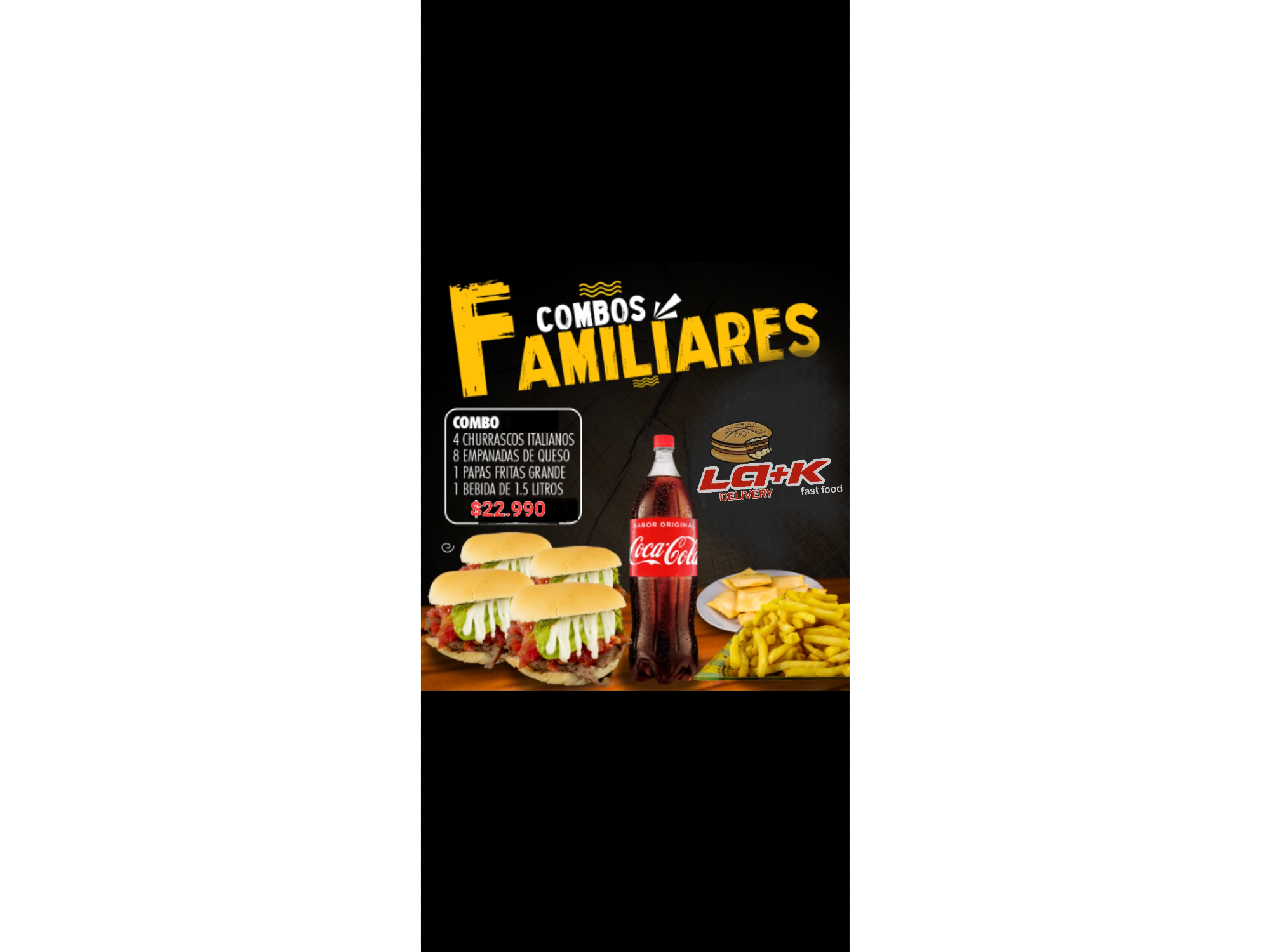 Promo familiar 4 (4churrascos italianos+8Emp queso coctail+Papasfritas gde+Bebida 1.5lt