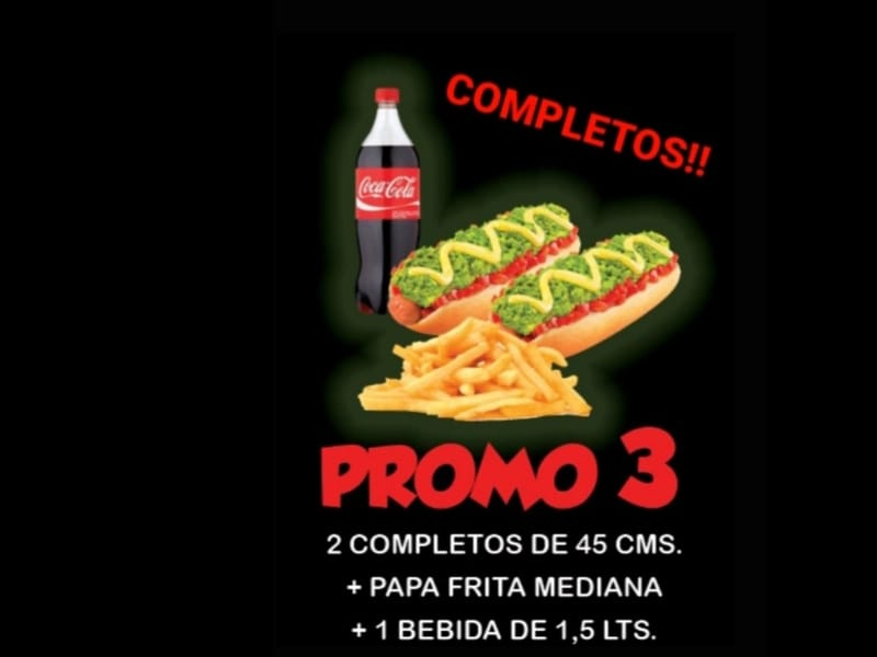 (Promo 3) 2COMPLETOS ITALIANOS 45CM (CASERA) + PAPAS MEDIANAS +1BEBIDA  1.5 lts ó JUGO 1.5