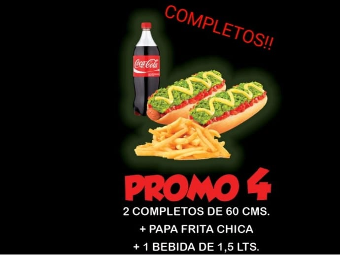 (Promo4) *2completo italiano 60cm  aprox (casera) + papasfritas chicas + 1Bebida 1.5 lts ó jugo 1.5.