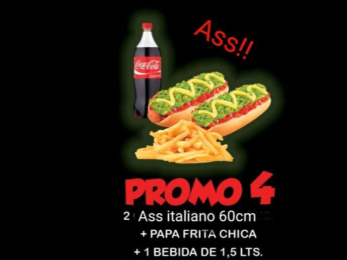 ( ass promo4) 2ass italianos 60cm  aprox (casera) + papasfritas chica+Bebida 1.5 lts. Ó jugo 1.5