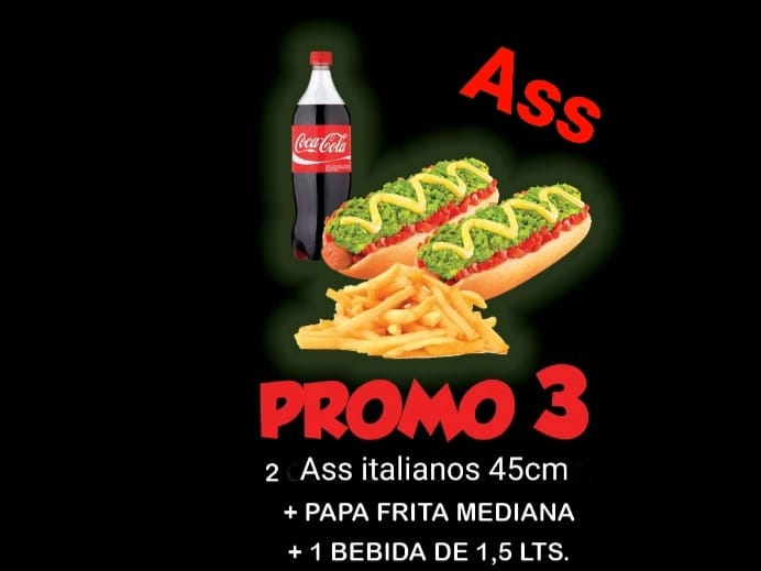 (Ass promo3) 2ass italianos45cm aprpx mayo casera+papasfritas mediana+Bebida 1.5 lts