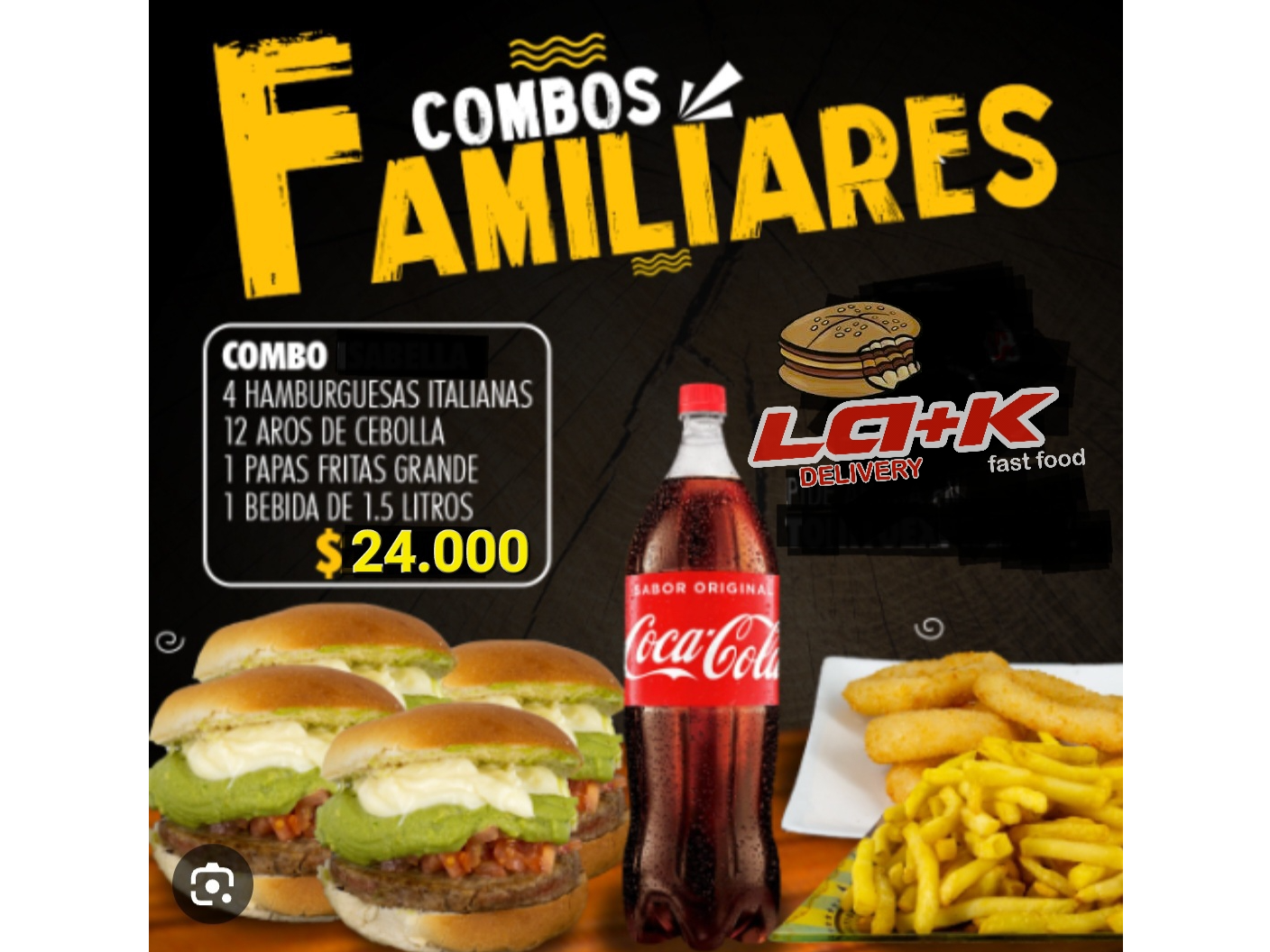 Promo familiar 5. (4hamburguesas italianas+12aros cebolla+1papa grande+1Bebida 1.5)