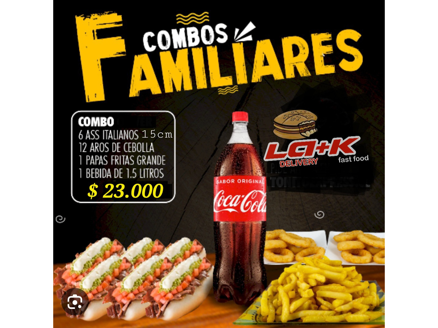 Promo familiar 6.  (6ass italianos 15cm aprox+Papas fritas grandes + 12aros cebolla +Bebida 1.5lts)