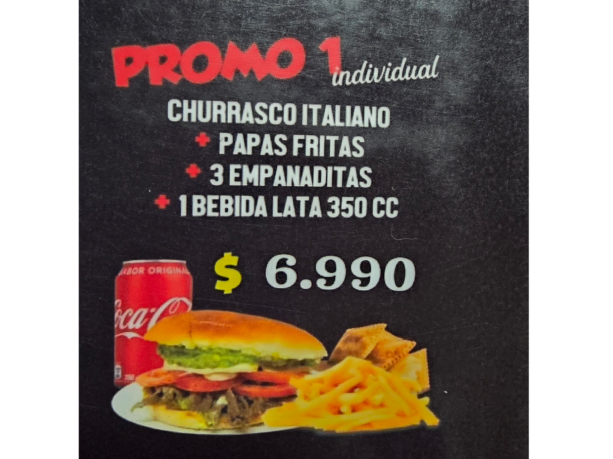 Promo individual        Churrasco italiano con mayo casera +  Papas individuales +3 emp queso + Bebida lata 350cc