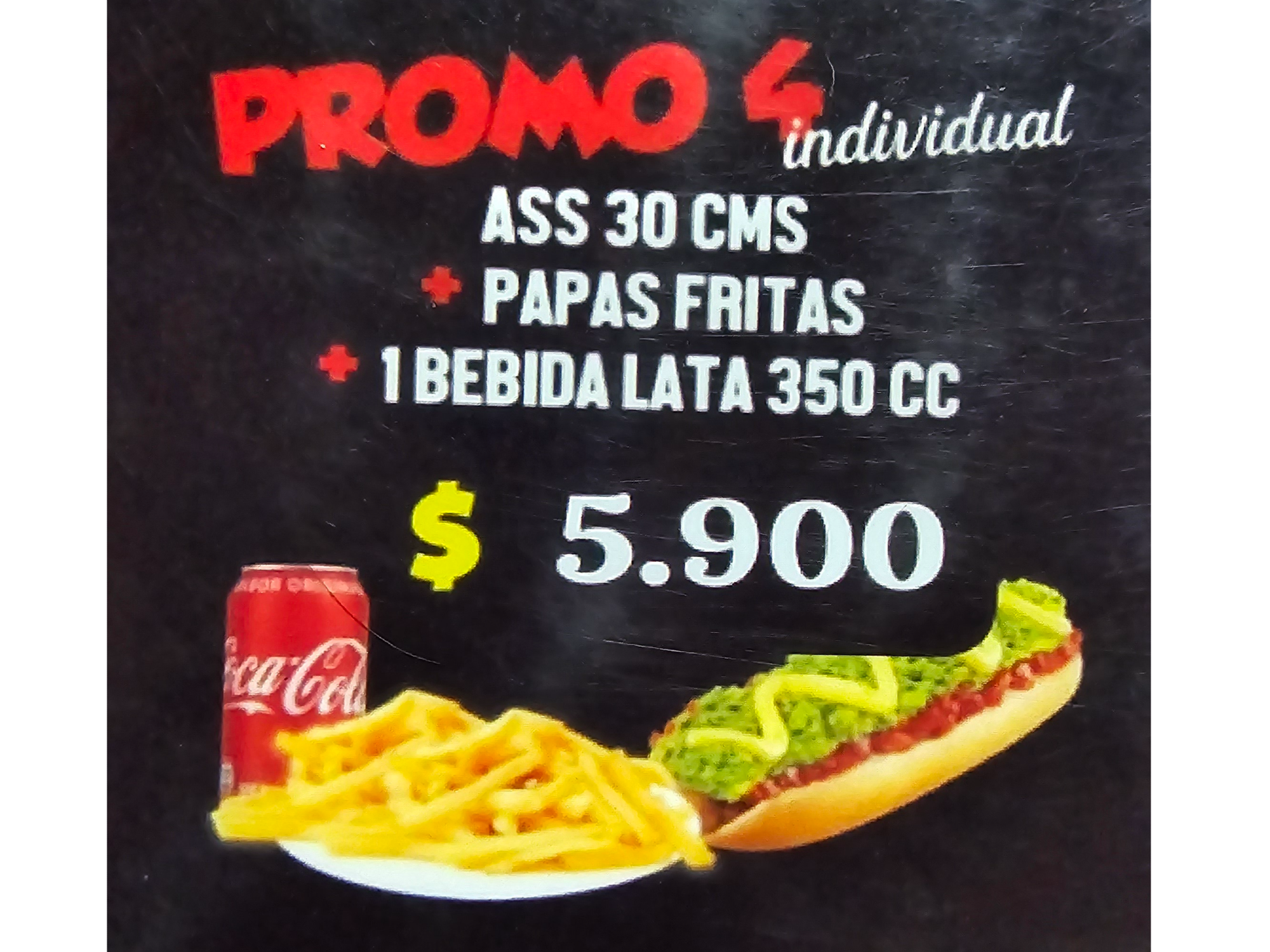 Promo individual              Ass  italiano 30cm aprox  mayo casera  +  Papas individuales + Bebida lata 350cc