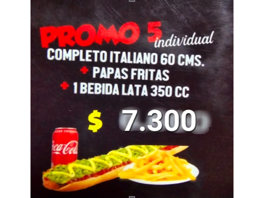 Promo individual               Completo italiano 60cm Mayo casera + Papas individuales  +  Bebida de 350cc