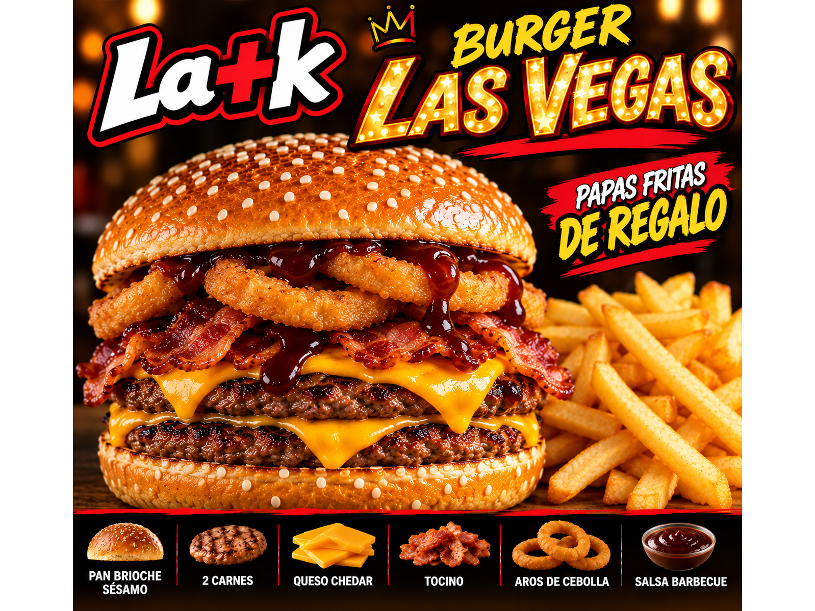 Hamburguesa LasVegas(Doble hamburguesa) + papas gratis.