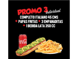 Promo individual completo italiano 45cm + 3 Emp queso coctel + Papas individuales + Bebida lata 350cc