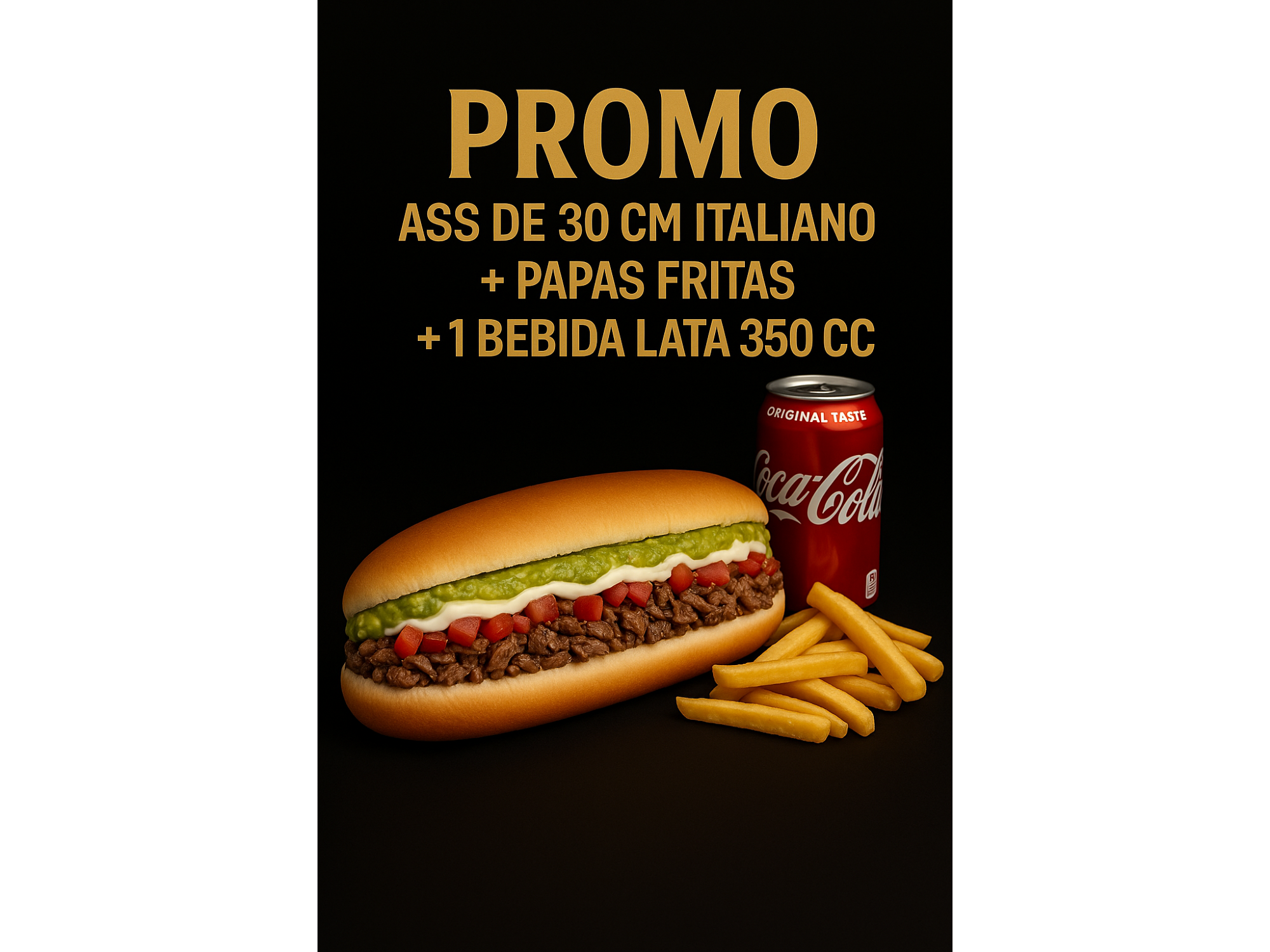 Promo individual Ass italiano 30cm aprox mayo casera + Papas individuales + Bebida lata 350cc