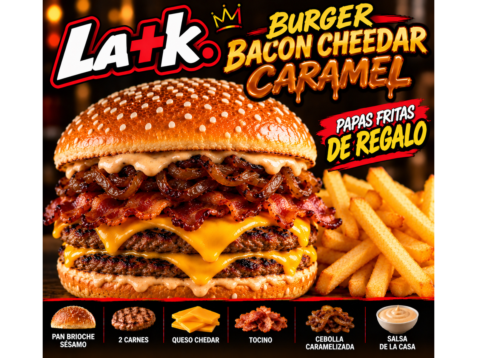 BURGER  Bacon Cheedar Caramel + Papas.de regalo