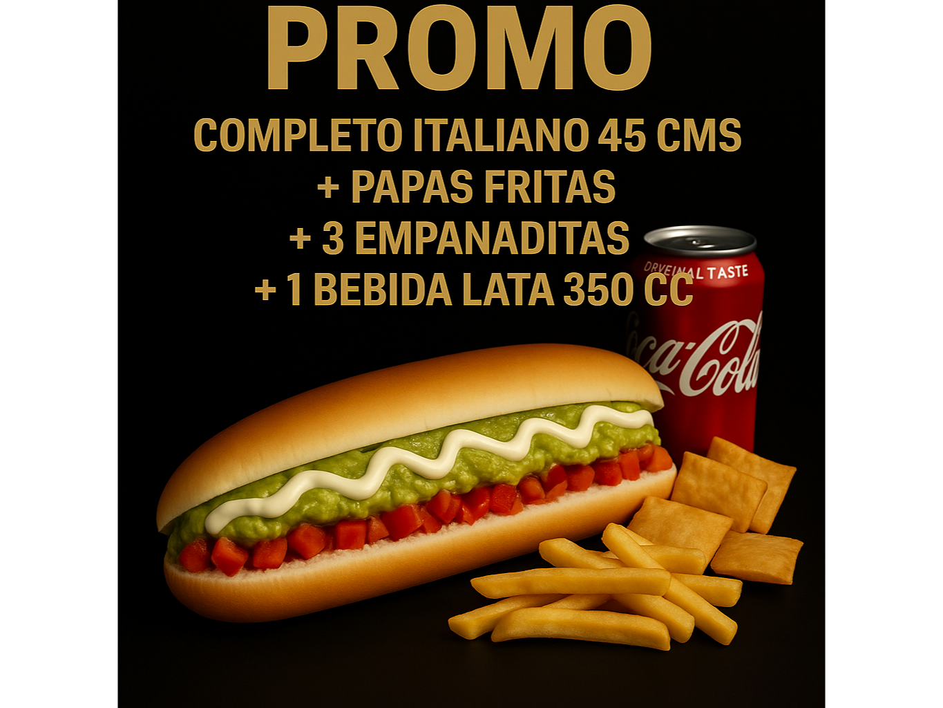 Promo individual            completo  italiano 45cm   +   3 Emp queso coctel + Papas individuales + Bebida lata 350cc