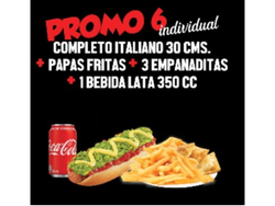Promo individual 6/ Completo italiano de 30cm +papas individuales +3 empanadas queso coctail +bebida lata 350cc