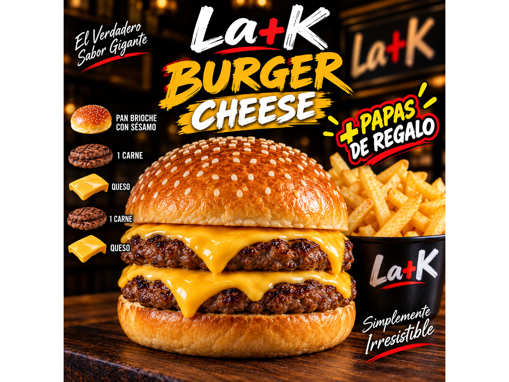 Hamburguesa/luco (Doble hamburguesa) + papas gratis.