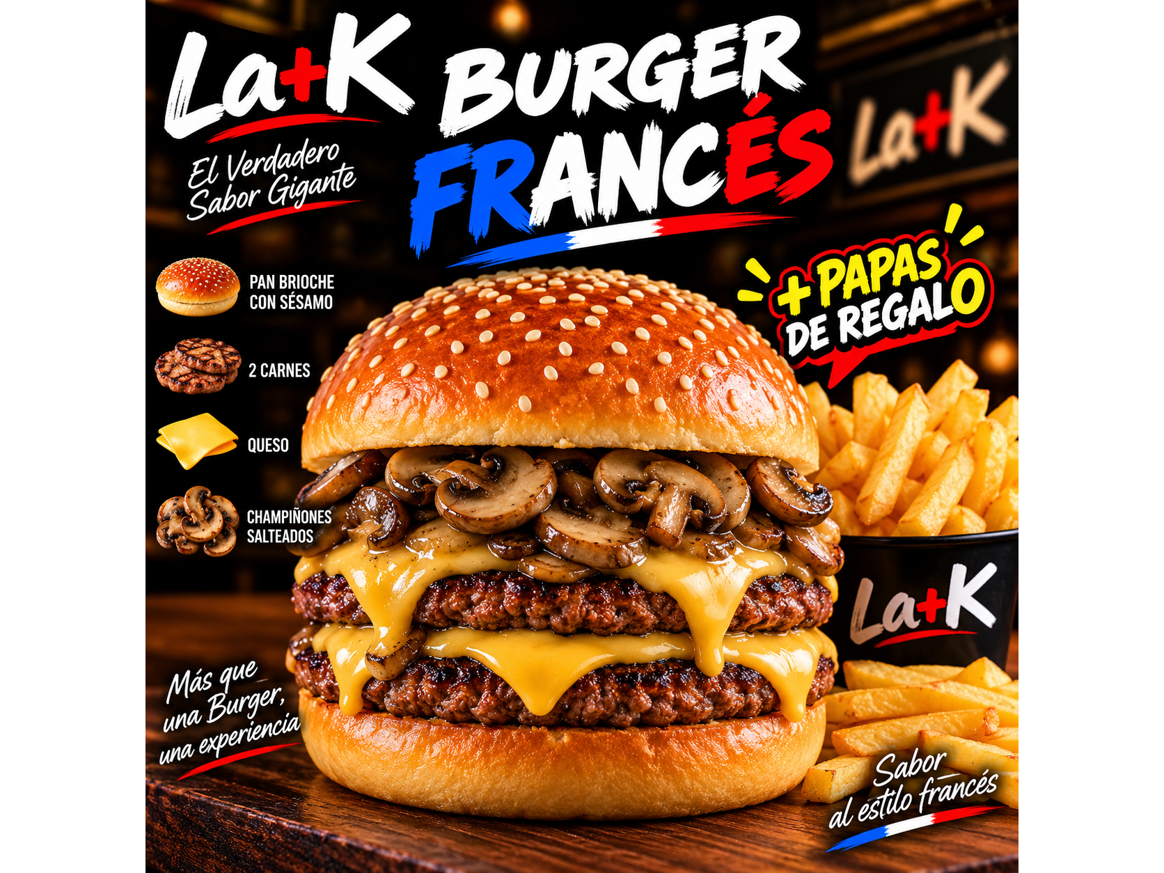 Hamburguesa Frances(Doble hamburguesa) + papas gratis.