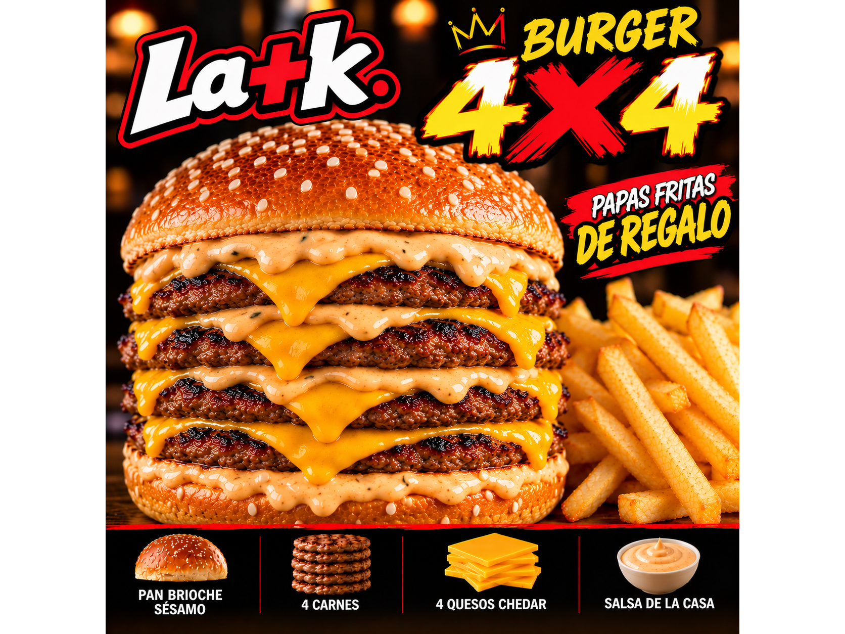 Hamburguesa 4x4 + papas gratis.