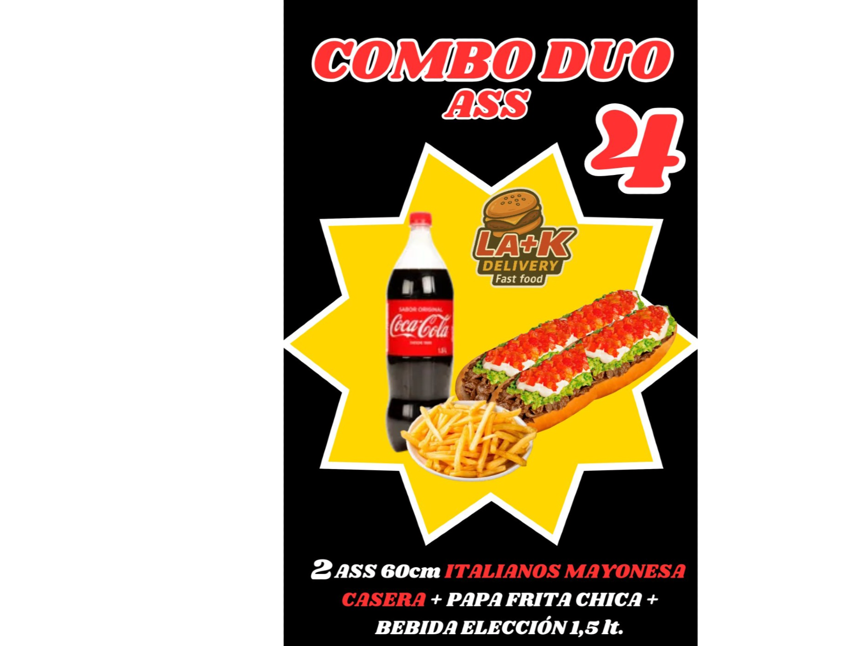 ( ass promo4) 2ass italianos 60cm  aprox (casera) + papasfritas chica+Bebida 1.5 lts.