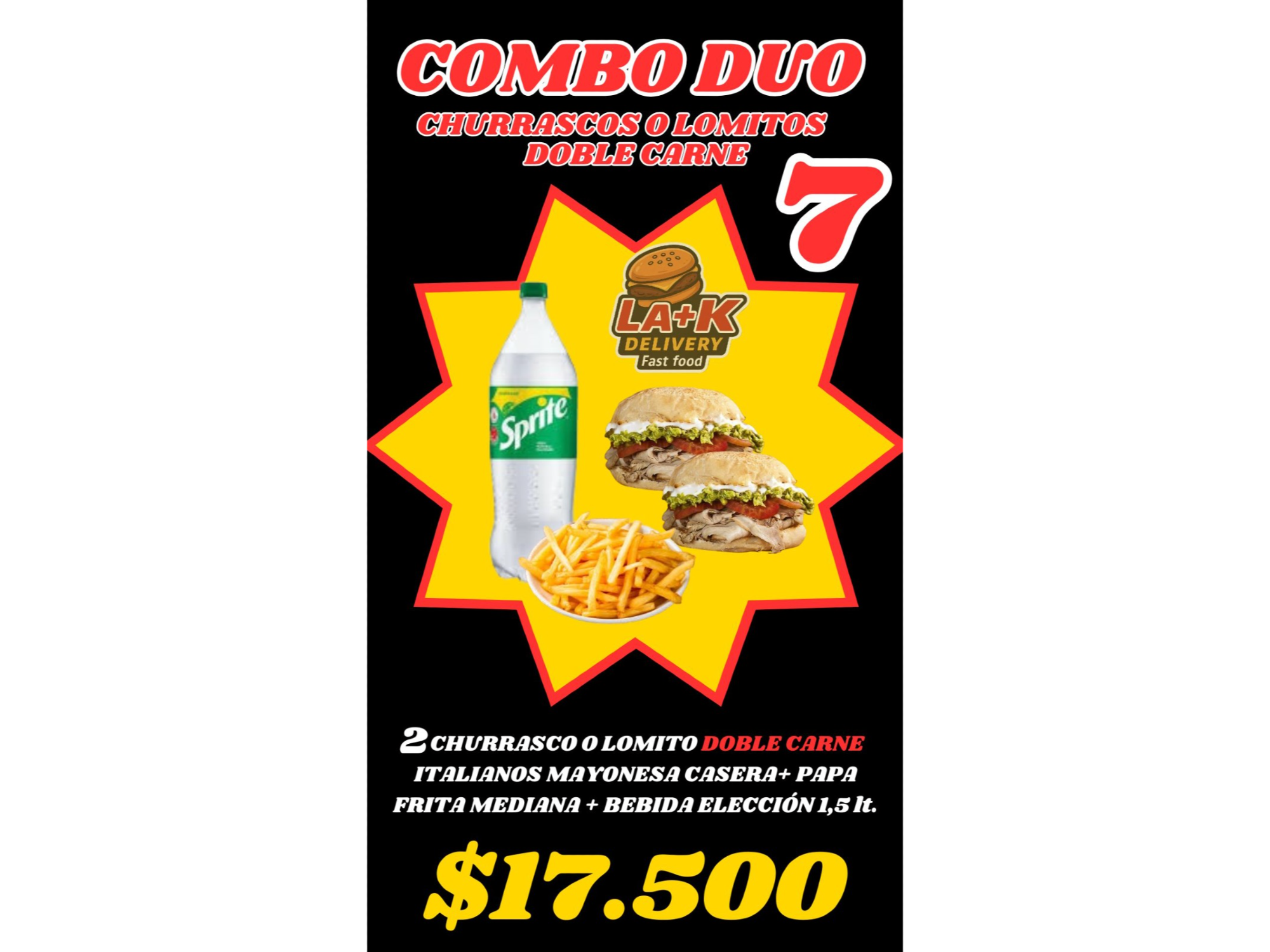 (Promo 7)2 lomitos ó churrascos italianos Doble/carne +Papasfritas medianas+1bebida 1.5lts .