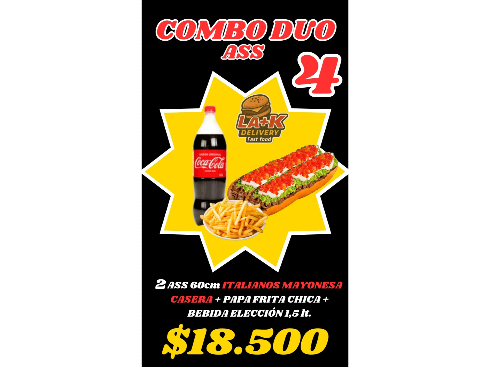 ( ass promo4) 2ass italianos 60cm aprox (casera) + papasfritas chica+Bebida 1.5 lts.