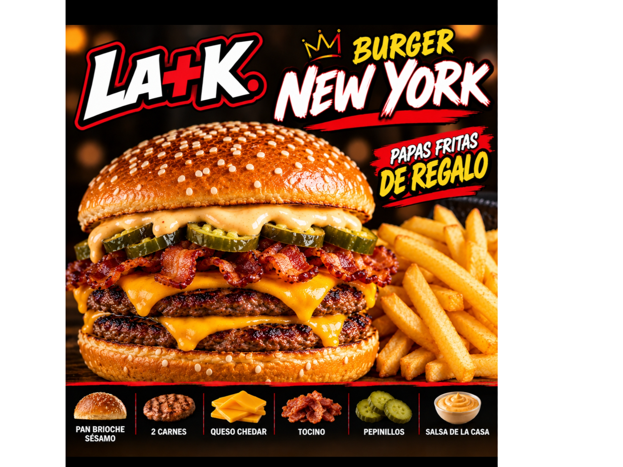 Hamburguesa new york(Doble hamburguesa) + papas gratis.