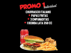Promo individual Churrasco italiano + Papas individuales +3 emp queso + Bebida lata 350cc
