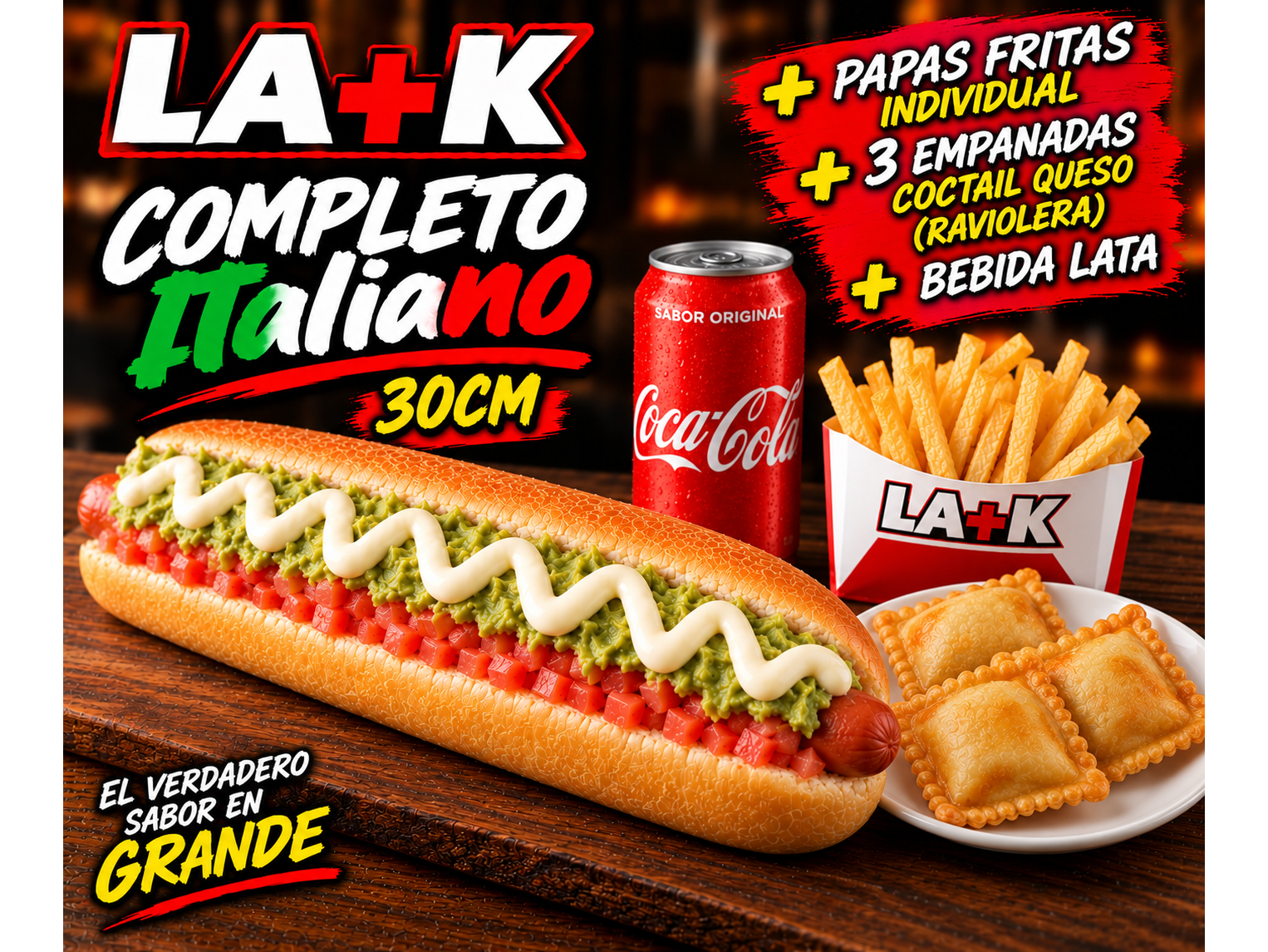 Promo individual            completo  italiano 45cm   +   3 Emp queso coctel + Papas individuales + Bebida lata 350cc