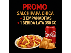 Promo individual Salchipapas chico + 3 Emp queso coctel + Bebida lata 350cc