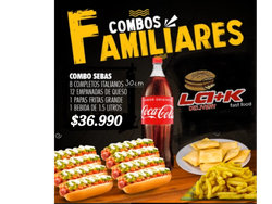 Promo familiar 3 (8completos italianos 30cm aprox(2 salchichas)+12Emp coctail queso+Papas fritas gde+Bebida 1.5lt
