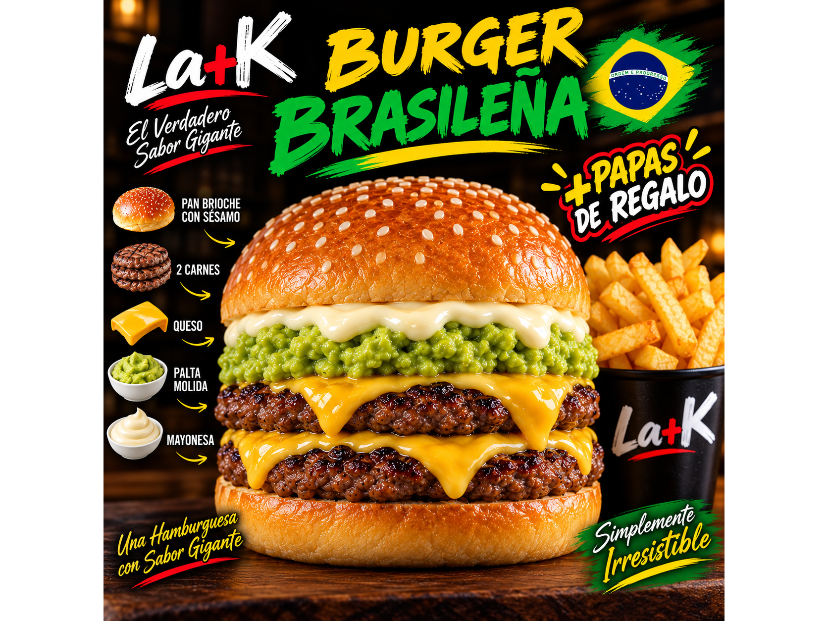 Hamburguesa Brasileña (Doble hamburguesa) + papas gratis.