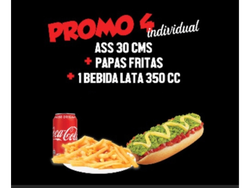 Promo individual Ass italiano 30cm aprox mayo casera + Papas individuales + Bebida lata 350cc