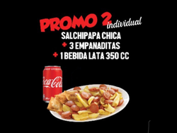 Promo individual Salchipapas chico + 3 Emp queso coctel + Bebida lata 350cc