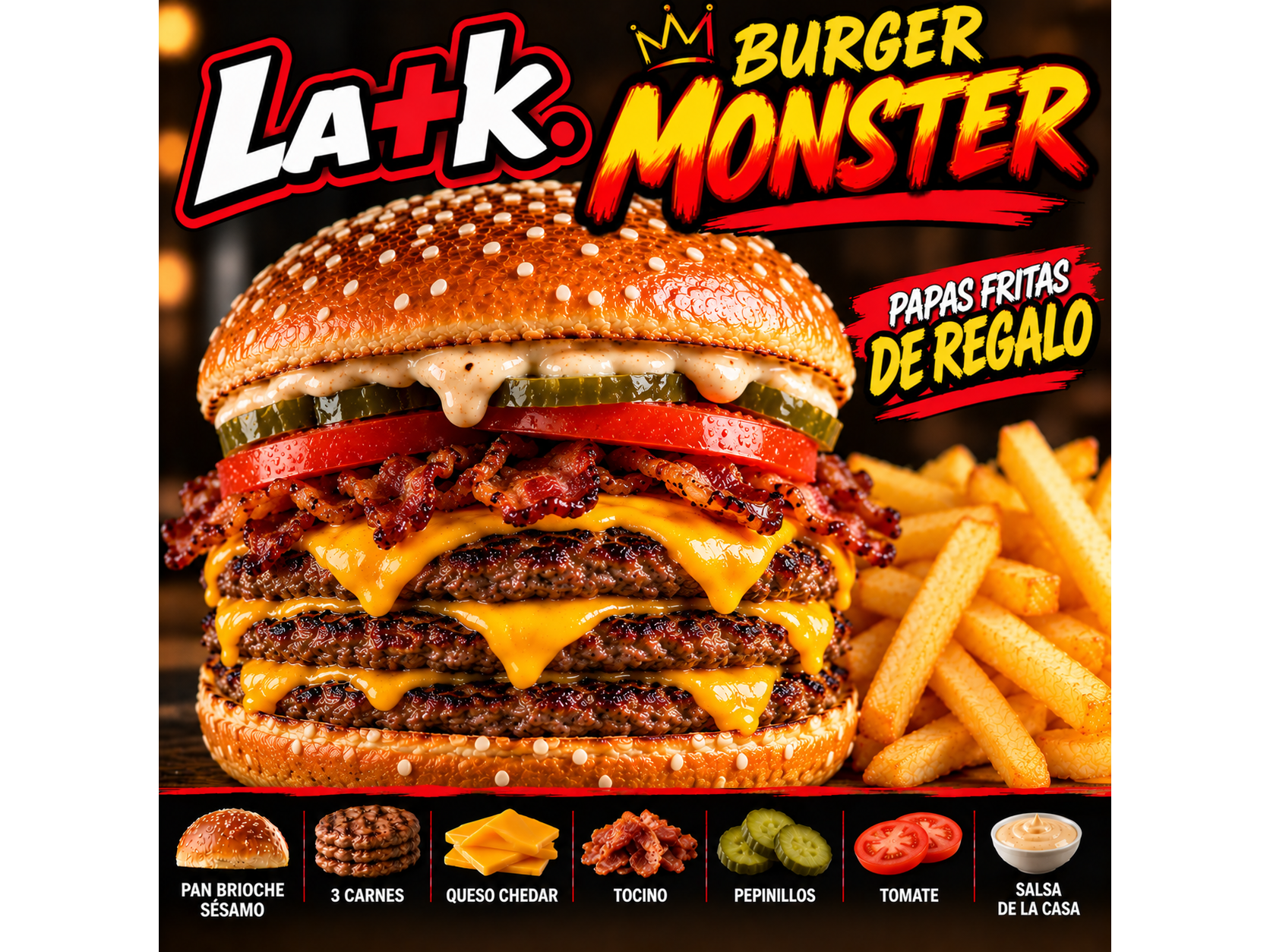 Hamburguesa monster (Triple hamburguesa) + papas gratis.