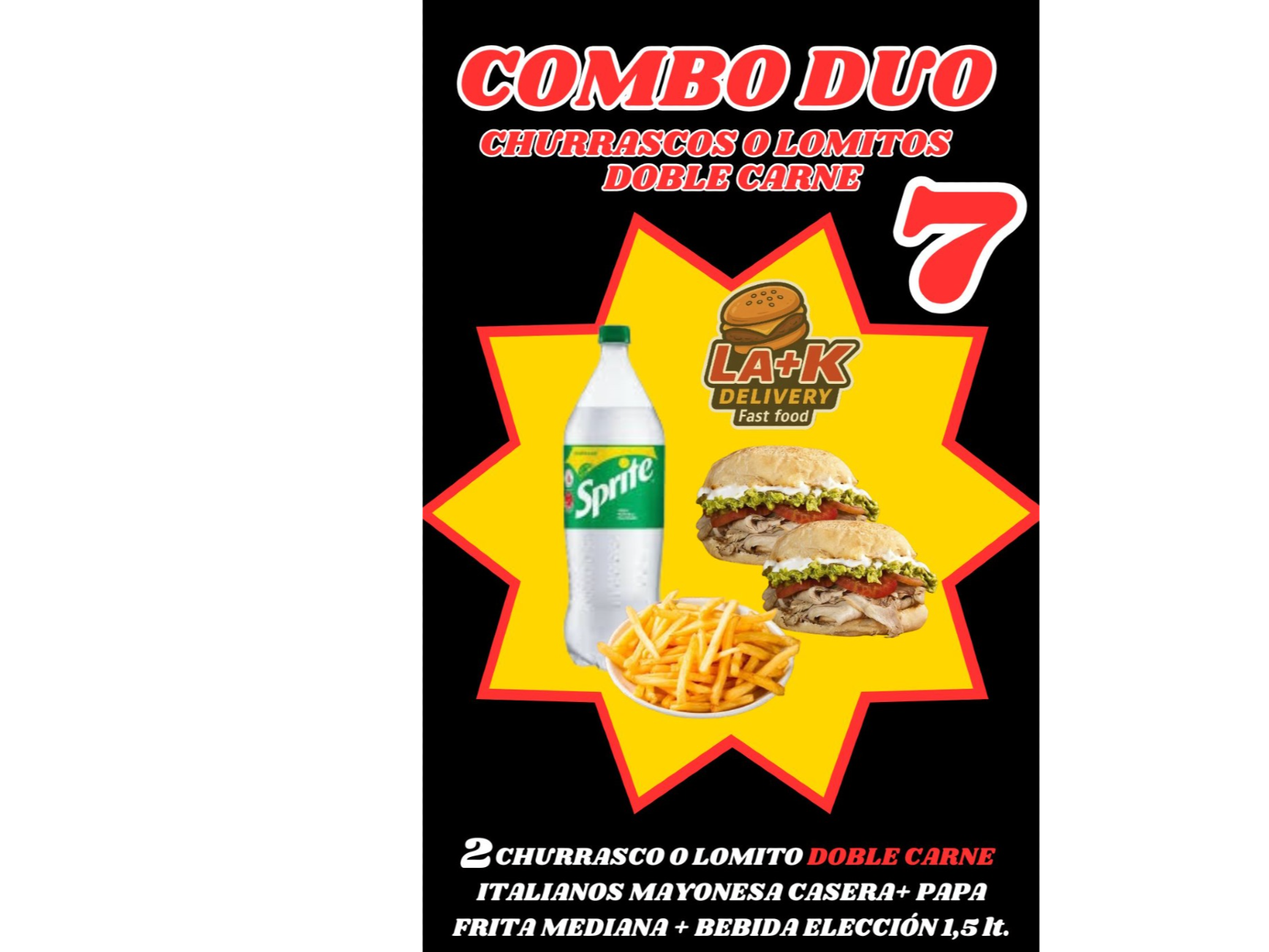 (Promo 7)2 lomitos ó churrascos  italianos Doble/carne +Papasfritas  medianas+1bebida 1.5lts .