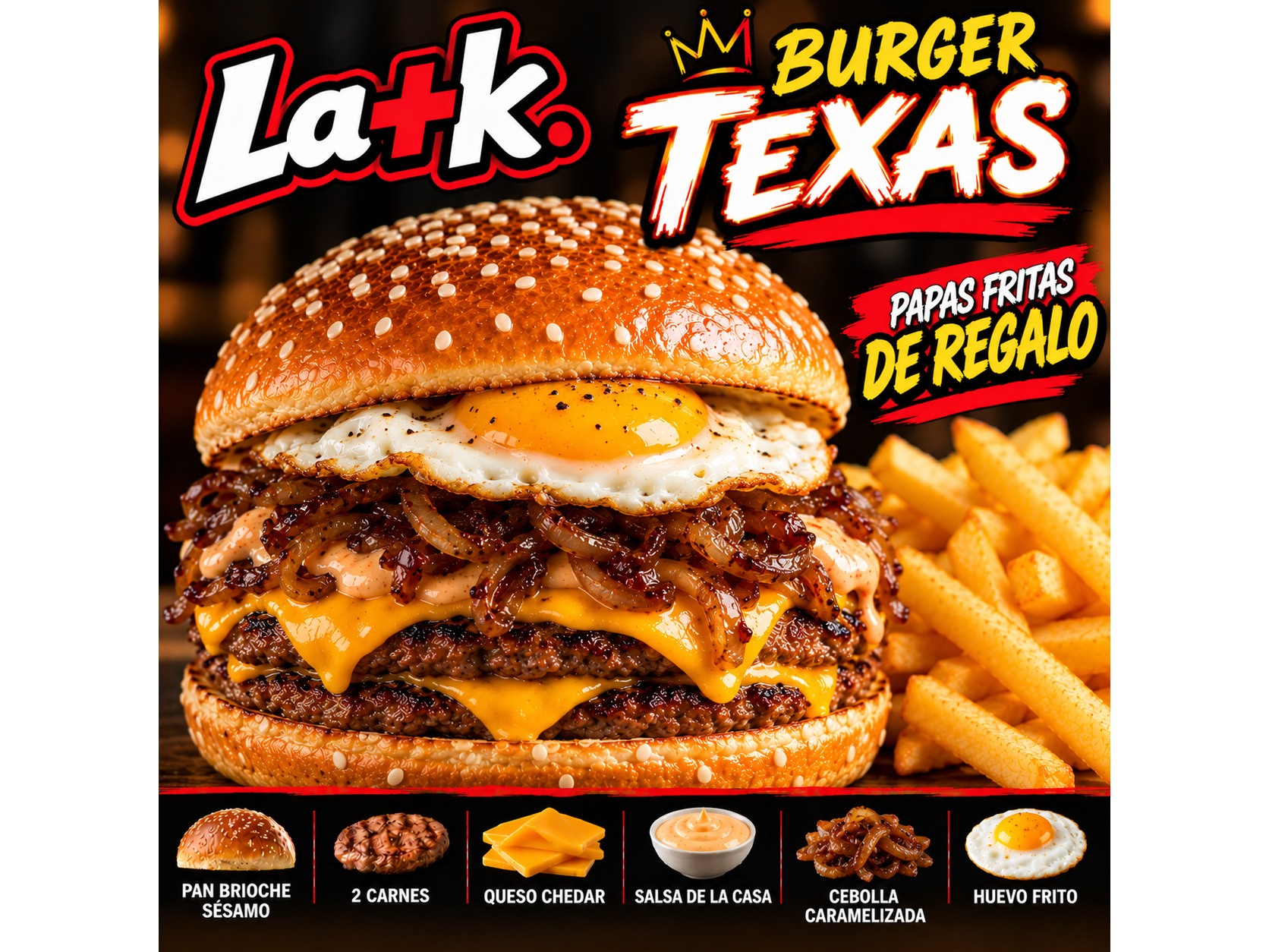 Hamburguesa texas (Doble hamburguesa) + papas gratis.