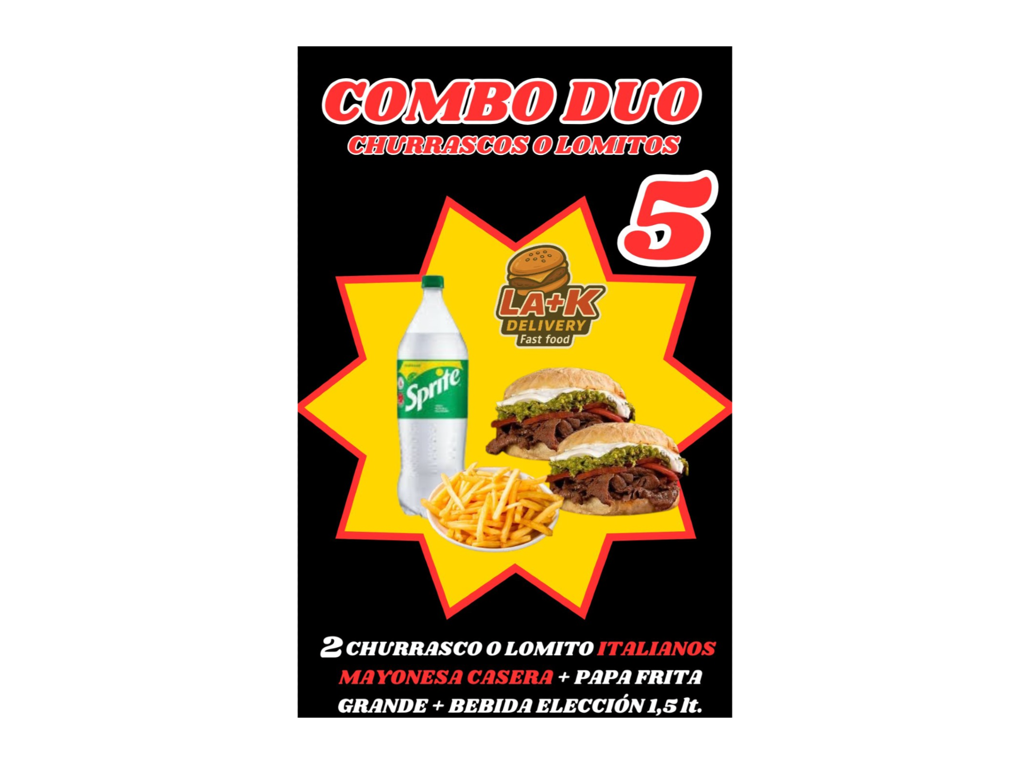 (Promo5) 2churrasco italiano Mayo casera+papasfritas Grandes +1Bebida 1.5 lts
