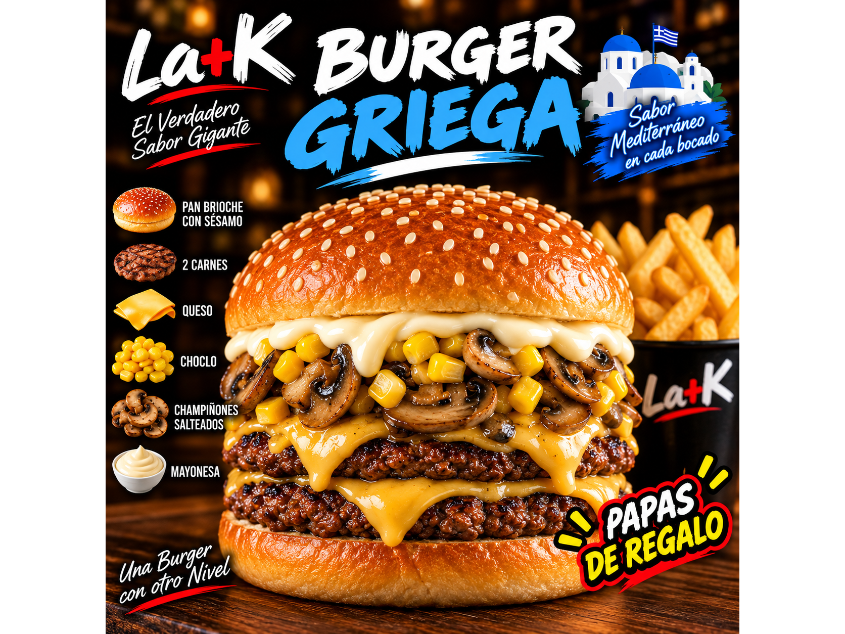 Hamburguesa Griega(Doble hamburguesa)+ papas gratis.