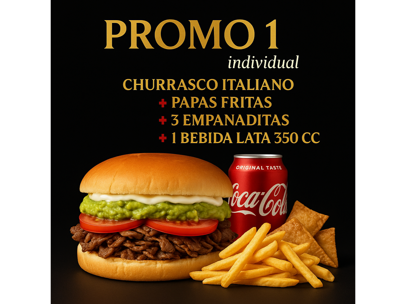 Promo individual Churrasco italiano + Papas individuales +3 emp queso + Bebida lata 350cc