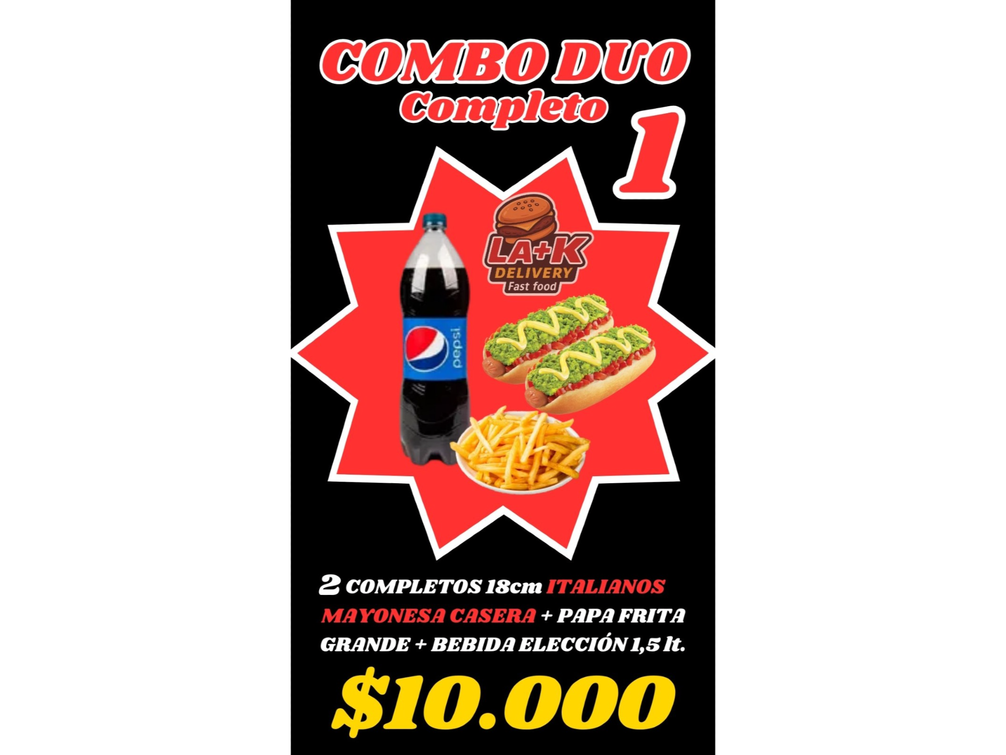 (Promo1) *2completos italianos 18cm (mayo casera) + Papasfritas Grandes. + Bebida 1.5 lts.