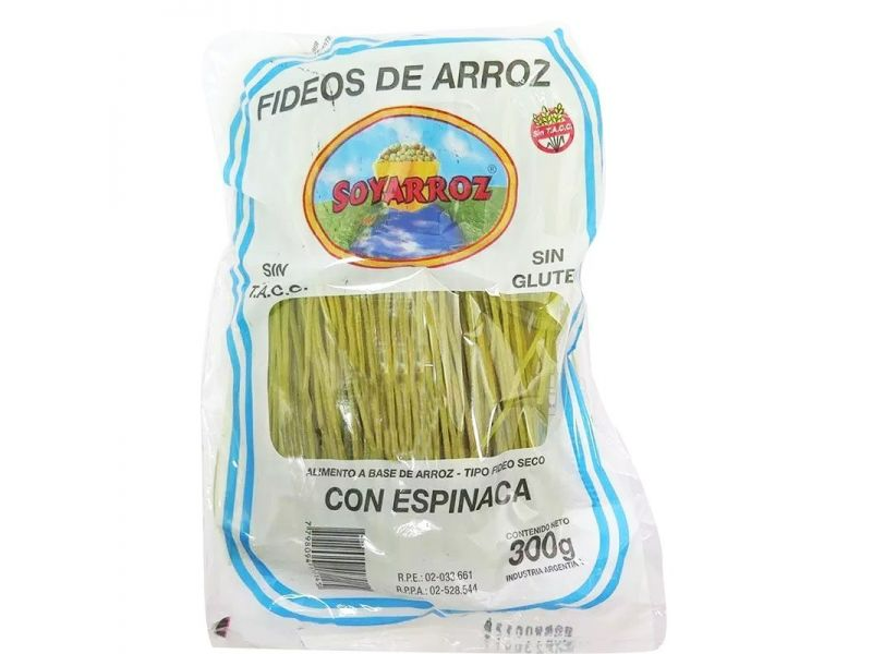 FIDEOS DE ARROZ CON ESPINACA - SOYARROZ X 300 GR ( SIN TACC)