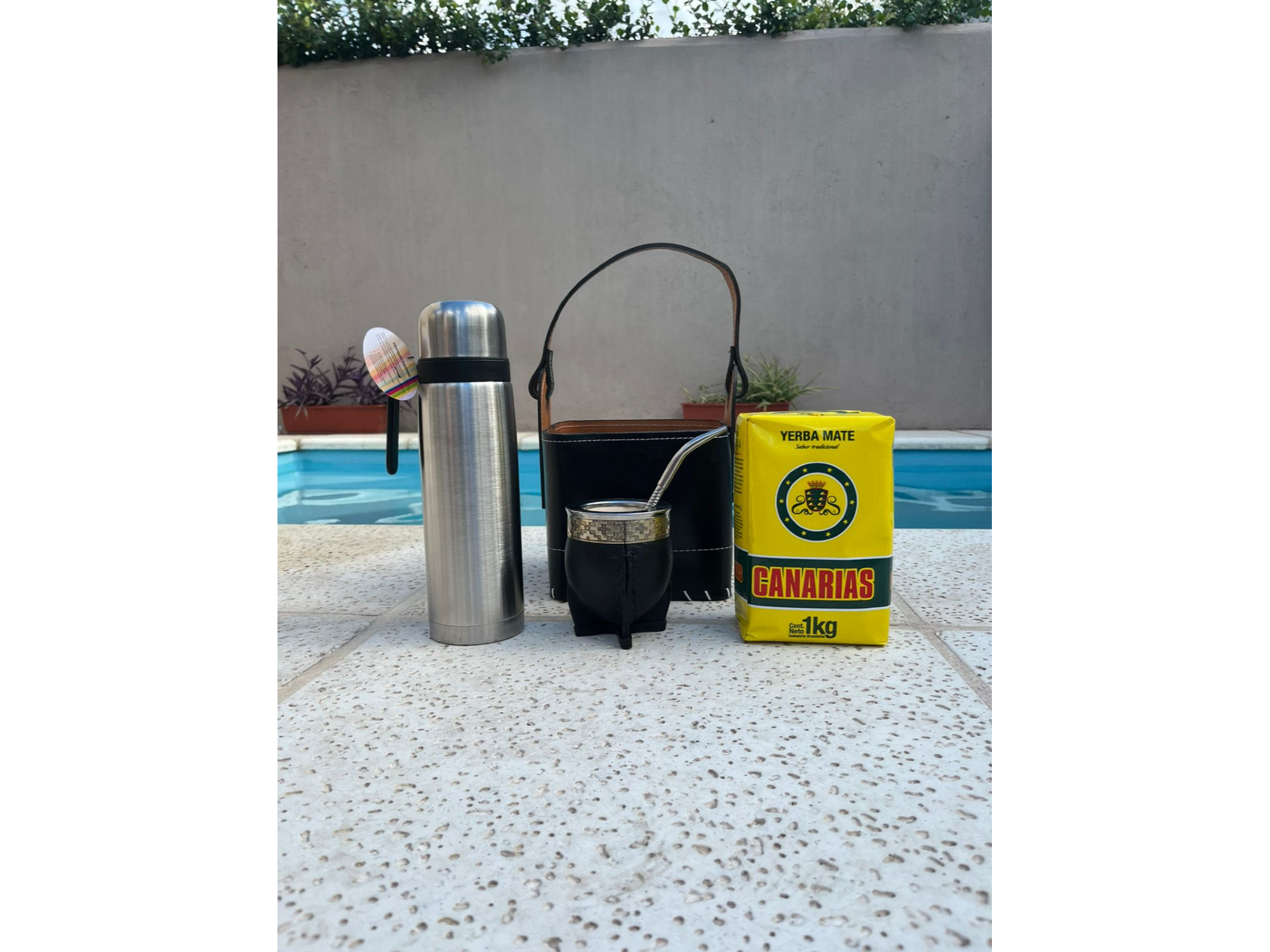 Combo matera cuadrada, mate imperial alpaca y acero, bombilla cincelada, termo acero y yerba canarias tradicional 1 kg